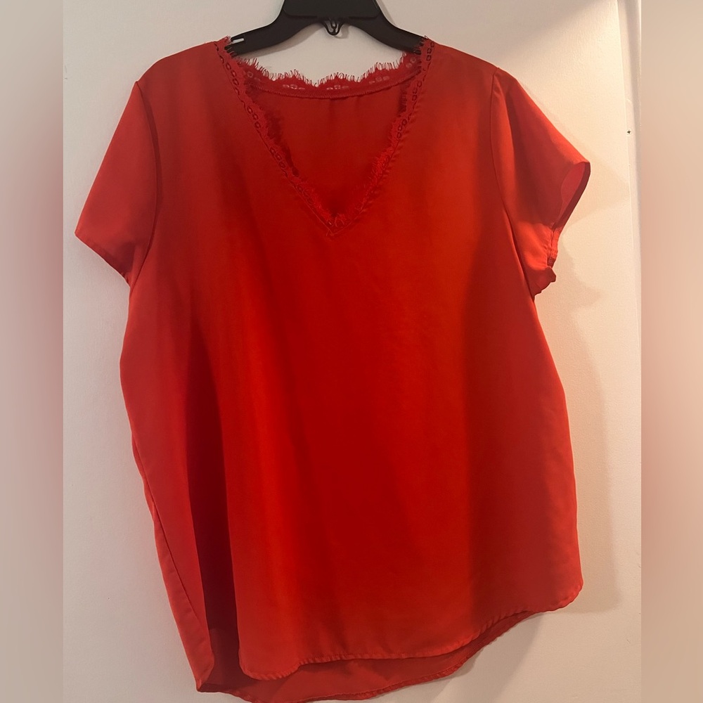Red Blouse, lace neckline